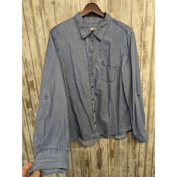 Style & Co Women's Lyocell Chambray Button Up Shirt Blue Roll Tab Sleeve Large - Picture 2 of 9